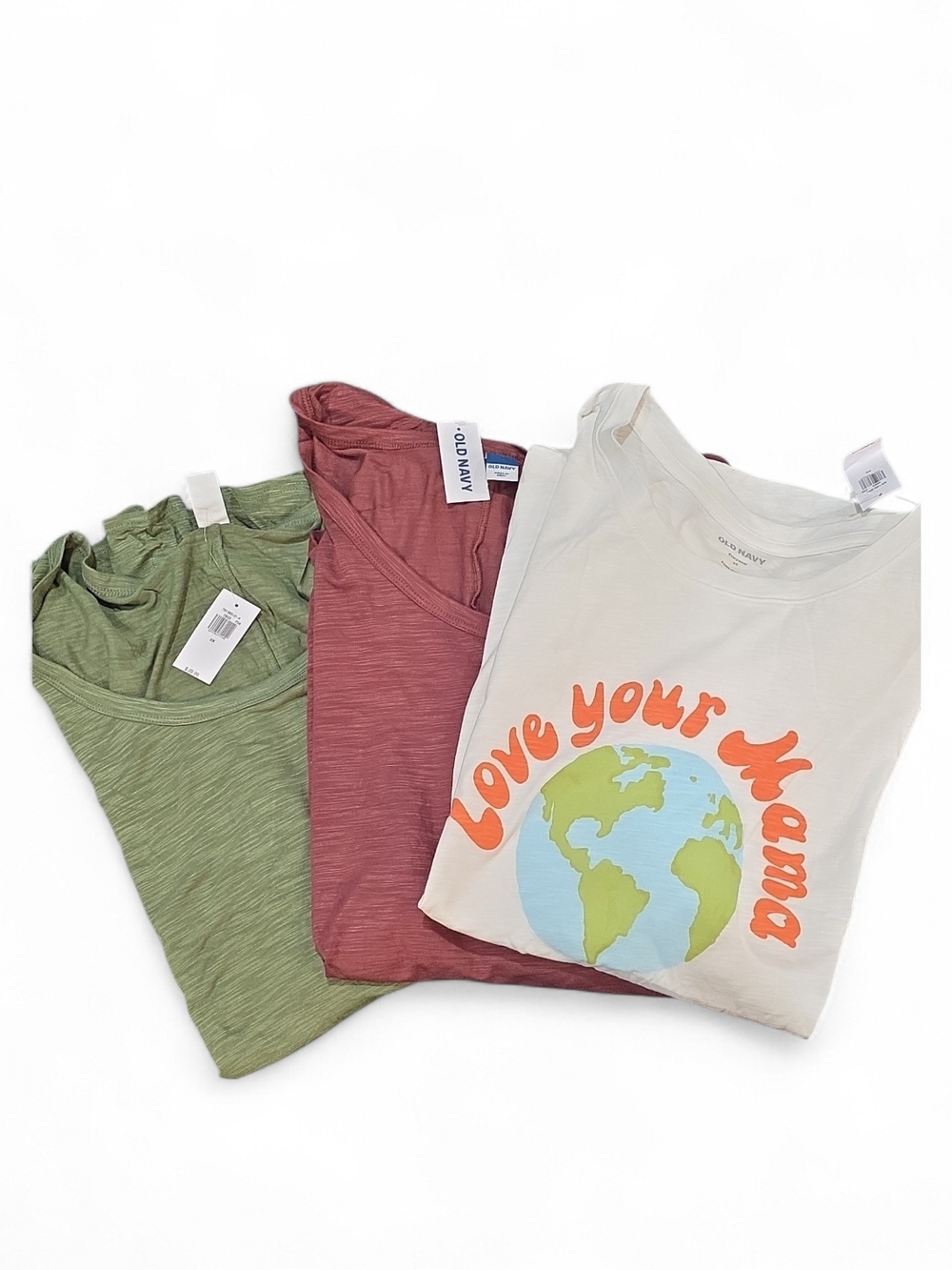 2X Old Navy Women's Knit Scoop Neck T-Shirts Green Burgundy White Lot Earth Day